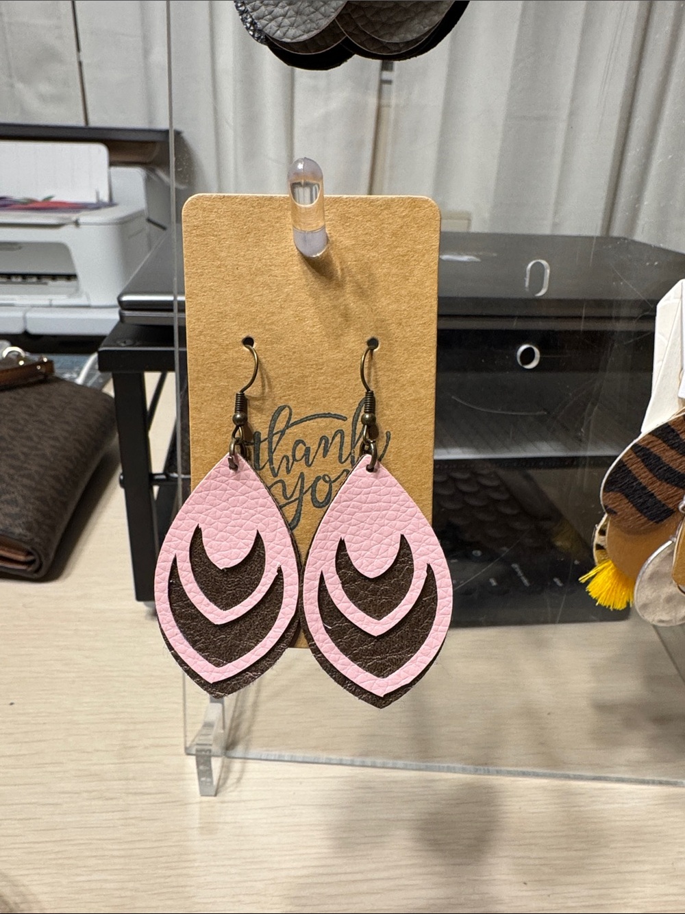 Hand Crafted Pink and Brown Layered Teardrop Earrings